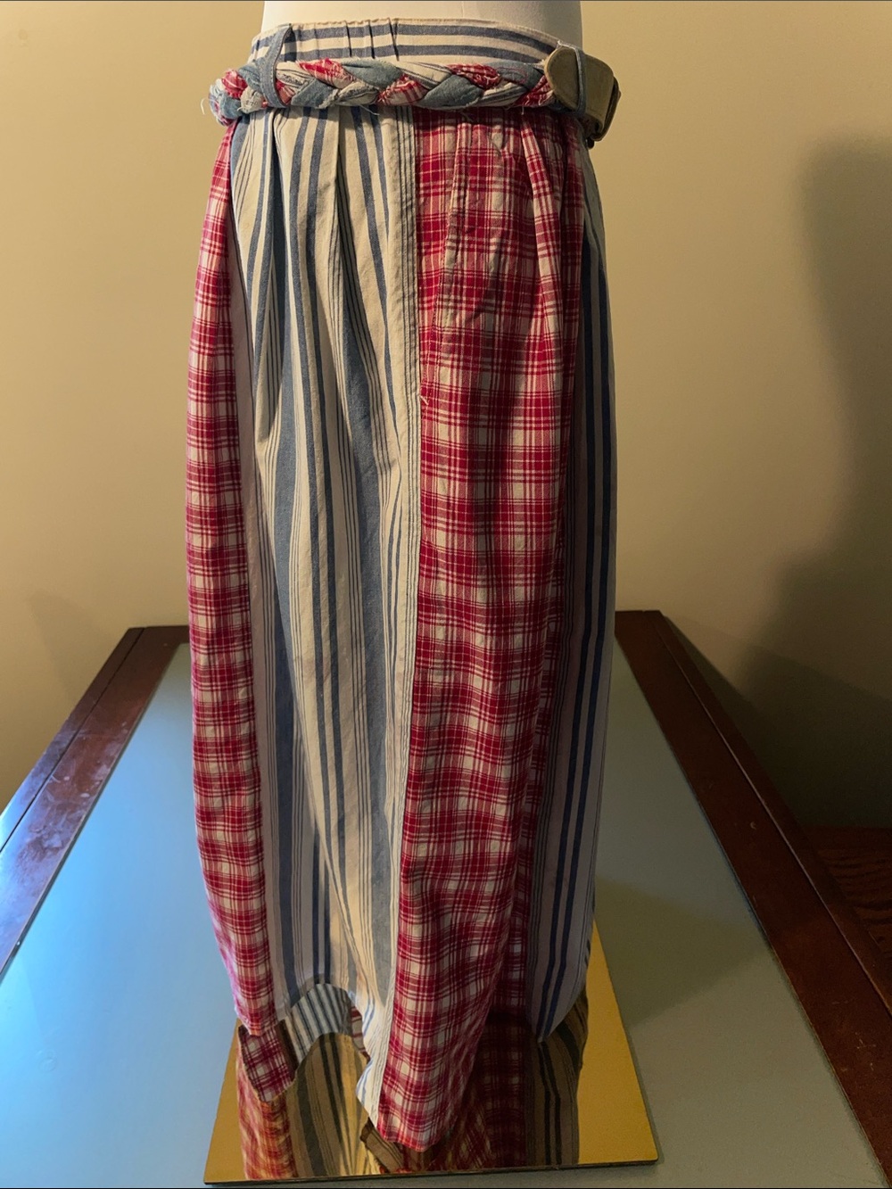 Vintage Button-Front Patchwork Maxi Skirt in Red, Blue, and White - Picture 4 of 7